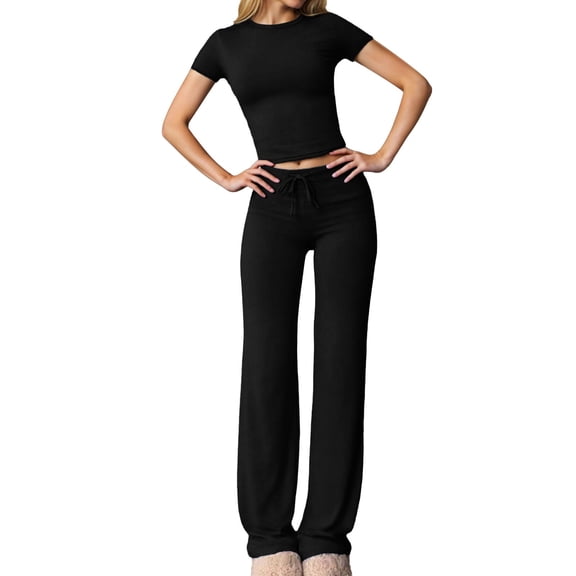 UJNDER Women's Casual Suit Short Sleeved Top and Pants Home Wear Sports Pants Suit Pant Suits for Women Black S