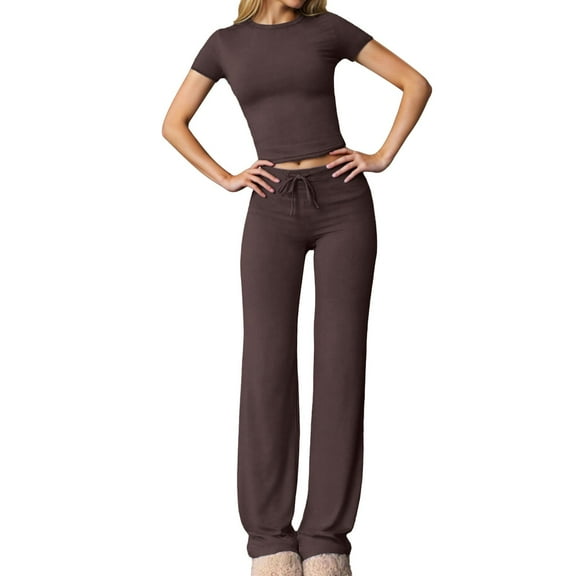 UJNDER Women's Casual Suit Short Sleeved Top and Pants Home Wear Sports Pants Suit Pant Suits for Women Coffee XL