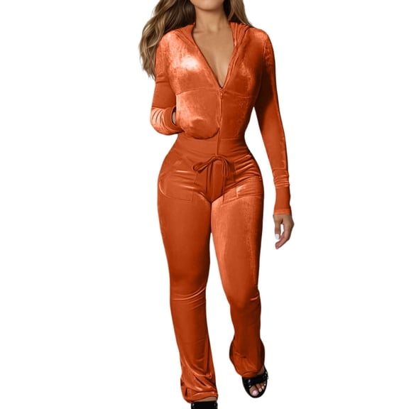 UJNDER Women's Casual Velvet Hooded Zipper Sweatshirt With Wide Leg Pants Long Skirt Suit Set Comfortable Stylish Outfit Daily Wear Long Skirts for Women Orange XL