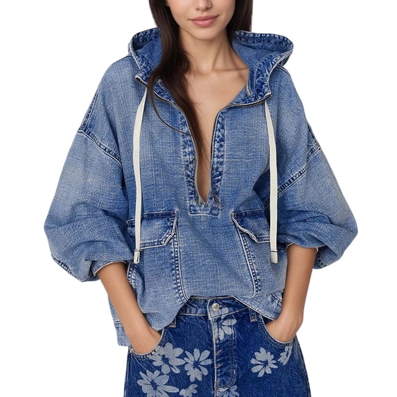 UJNDER Women's Casual Washed Denim Hoodie Loose Fit Long Sleeve Pullover Stylish Streetwear Blue L