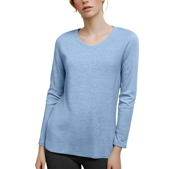 UJNDER Women's Classic V Neck Long Sleeve T Shirts for Women Solid Color Top Casual Comfortable Blue XXL