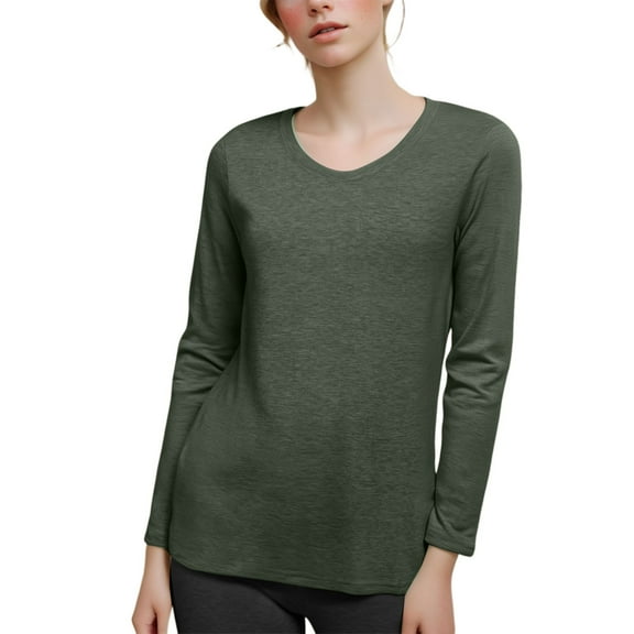 UJNDER Women's Classic V Neck Long Sleeve T Shirts for Women Solid Color Top Casual Comfortable Green L