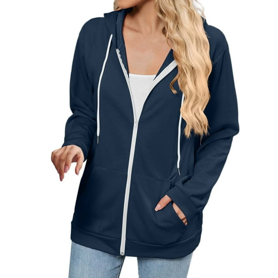 UJNDER Women's Color Block Zip Up Hoodies for Women with Pocket Cozy Casual Autumn Winter Navy XXL