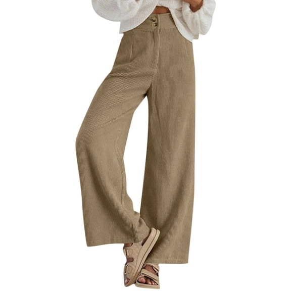 UJNDER Women's Corduroy Casual Pants with Autumn Classic Wide Leg Two Button Detail Semi Elastic Waist for Comfortable Daily Wear Versatile Outfit Khaki M