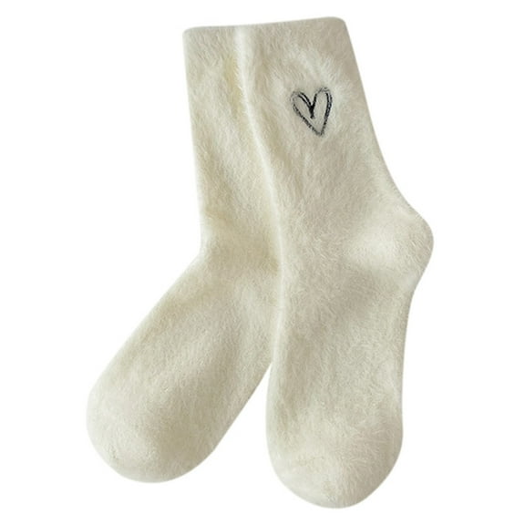 UJNDER Women's Crew Socks Embroidered Heart Thermal Cozy Socks for Winter Beige