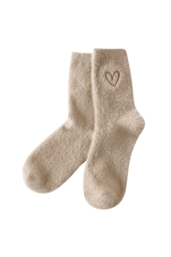 Women's Crew Socks Embroidered Heart Thermal Cozy Socks for Winter Khaki