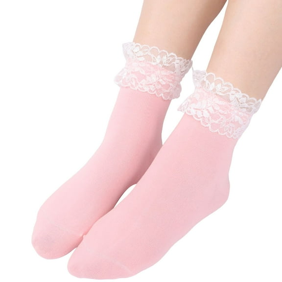 UJNDER Women's Crew Socks with Lace Trim Casual Solid Color Socks for Everyday Wear Pink