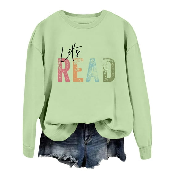 UJNDER Women's Crewneck Sweatshirt Let's Read Graphic Print Pullover Long Sleeve Casual Book Lover Light Green S