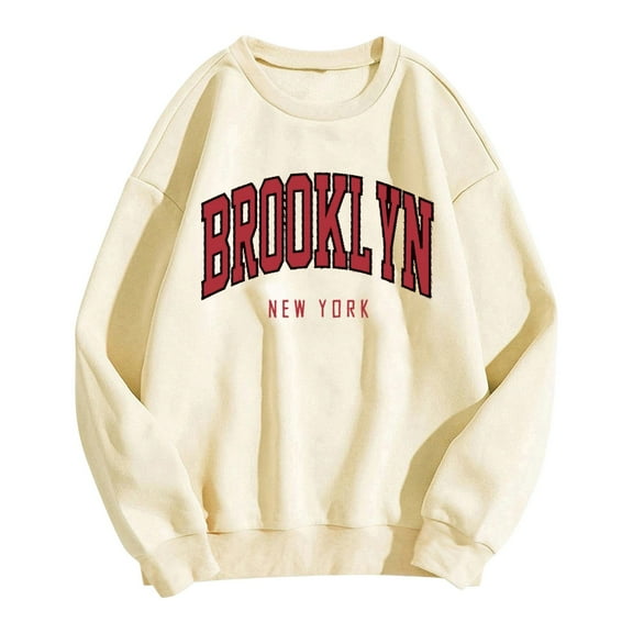 UJNDER Women's Crewneck Sweatshirt Letter Print Pullover Long Sleeve Casual Loose Fit Beige L