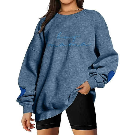 UJNDER Women's Crewneck Sweatshirt Mom Embroidered Letter Print Pullover Long Sleeve Funny Blue M