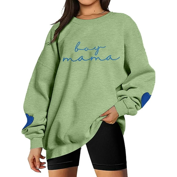 UJNDER Women's Crewneck Sweatshirt Mom Embroidered Letter Print Pullover Long Sleeve Funny Light Green M