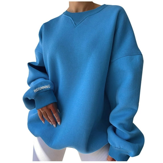 UJNDER Women's Crewneck Sweatshirt Sleeve Letter Print Pullover Long Sleeve Casual Oversized Blue L