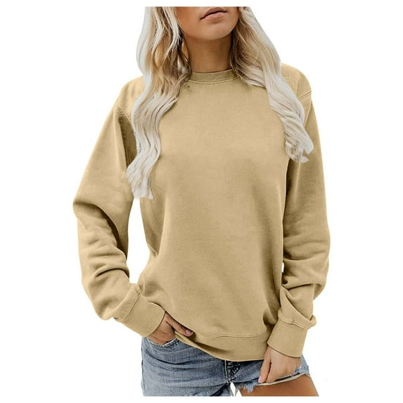 UJNDER Women's Crewneck Sweatshirt Solid Color Pullover Long Sleeve Casual Loose Fit Athletic Top Beige S