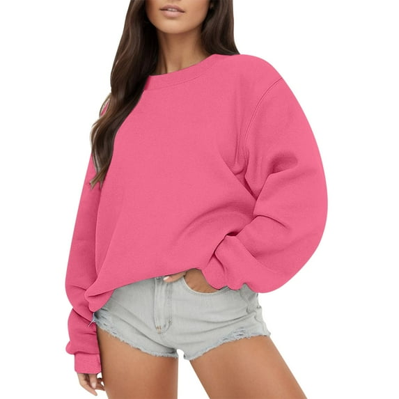 UJNDER Women's Crewneck Sweatshirt Solid Color Pullover Long Sleeve Casual Loose Fit for Fall Hot Pink L