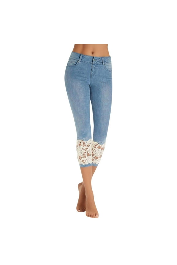 Women's Cropped Denim Jeans with Lace Detail Elastic Waist Summer Casual Capri Pants Blue XXXXXL