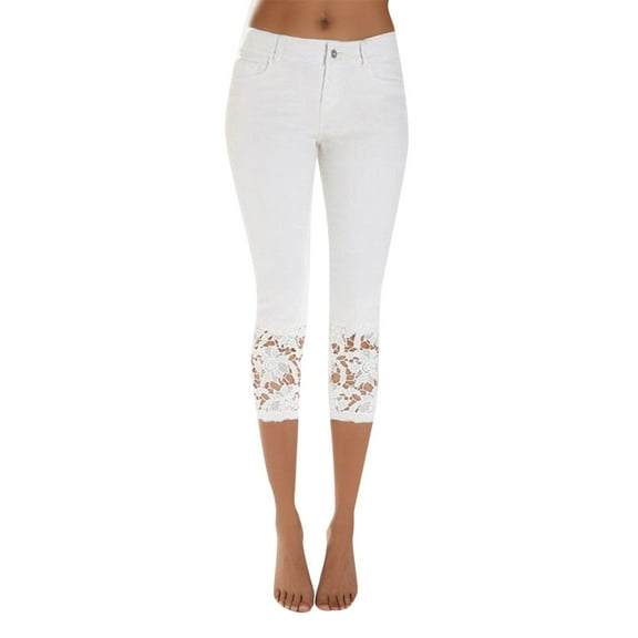 UJNDER Women's Cropped Denim Jeans with Lace Detail Elastic Waist Summer Casual Capri Pants White XXL