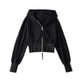 thumbnail image 1 of UJNDER Women's Cropped Sweatshirt Loose Fit Long Sleeve High Waist Double Zipper Hooded Jacket Style Black L, 1 of 2