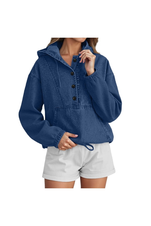 Women's Denim Hooded Button Down Jacket Casual Pullover with Front Pockets Streetwear Dark Blue XXL