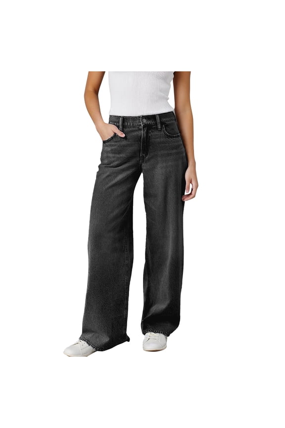 Women's Distressed Wide Leg Denim Pants with Comfortable High Waist Bottom and Retro Flared Design for Casual Wear Black M