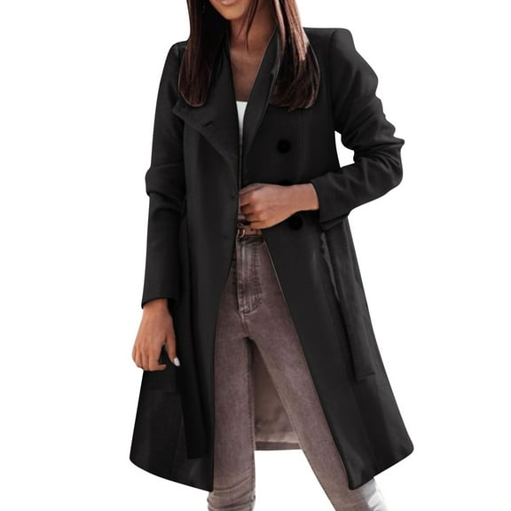 UJNDER Women's Double Coat Winter Mid Long Trench Coat with Belt Solid Color Belted Wool Blend Trench Coat Women Black L