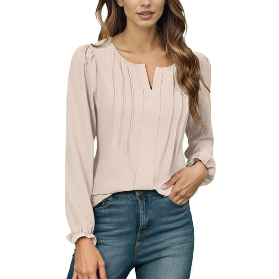 UJNDER Women's Dressy Casual Long Sleeve Shirts V Neck Chiffon Blouses for Fall Outfits and Everyday Wear Beige Beige