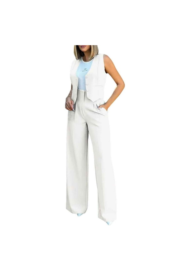 Women's Elegant Solid Color Suit Vest Tank Cardigan Pockets Tops Wide Leg Pants Suit Pant Suits for Women White M