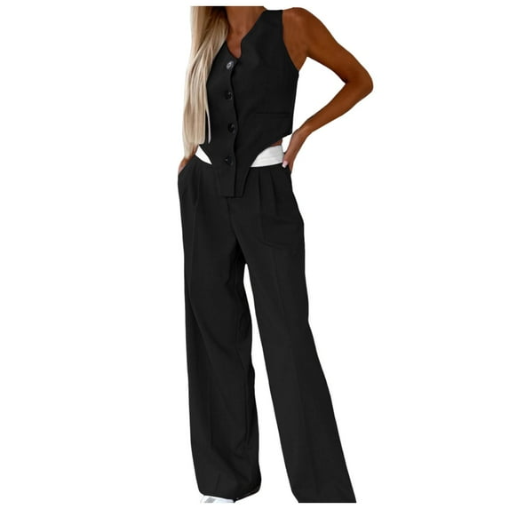 UJNDER Women's Elegant Solid Color Suit Vest Tank Cardigan Pockets Tops Wide Leg Pants Suit for Casual Wear Pant Suits for Women Black XL