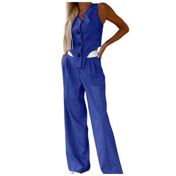 UJNDER Women's Elegant Solid Color Suit Vest Tank Cardigan Pockets Tops Wide Leg Pants Suit for Casual Wear Pant Suits for Women Blue M