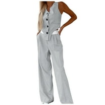 UJNDER Women's Elegant Solid Color Suit Vest Tank Cardigan Pockets Tops Wide Leg Pants Suit for Casual Wear Pant Suits for Women Grey M