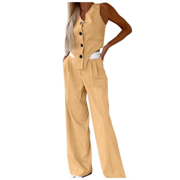 UJNDER Women's Elegant Solid Color Suit Vest Tank Cardigan Pockets Tops Wide Leg Pants Suit for Casual Wear Pant Suits for Women Khaki L