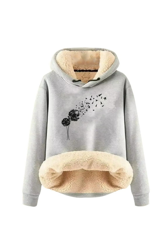Women's English Letters Hooded Sweatshirt Jacket Autumn Winter Lined Lamb Wool Light Gray M