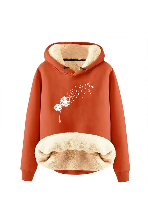 Women's English Letters Hooded Sweatshirt Jacket Autumn Winter Lined Lamb Wool Orange M