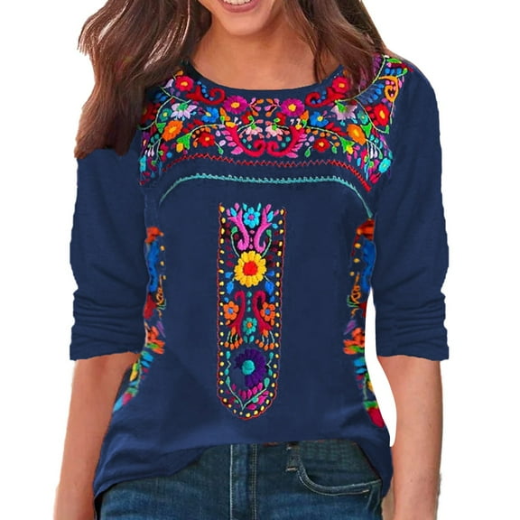 UJNDER Women's Fashion Boho Print Long Sleeve Shirt Splice Loose Tops for Women Casual Bohemian Style Blue L