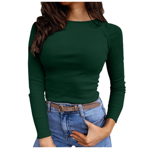 UJNDER Women's Fashion Casual Long Sleeve Stretch Crewneck Ribbed T Shirt Fitted Casual Basic Tops for Women Green M