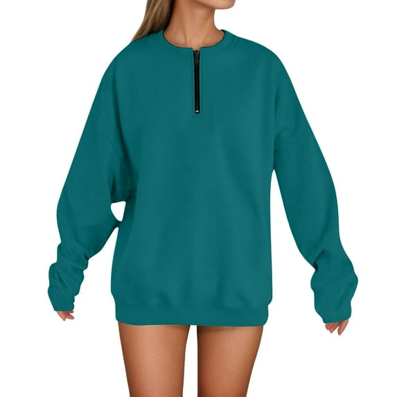 UJNDER Women's Fashion Casual Round Neck Zipper Hoodies for Women Solid Color Green1 M