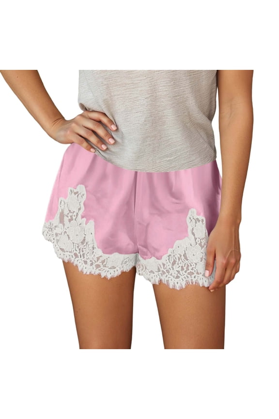 Women's Fashion Casual Shorts Lace Trim Design High Waist Wide Leg Autumn Soft Stretch Pants Pink_#1 L