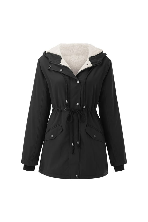 Women's Fashion Drawstring Hoodie Coat Winter Warm Inside Padded Jacket Slim Zipper Jackets for Women Black S