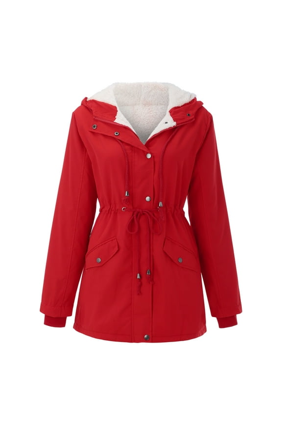 Women's Fashion Drawstring Hoodie Coat Winter Warm Inside Padded Jacket Slim Zipper Jackets for Women Red XXL