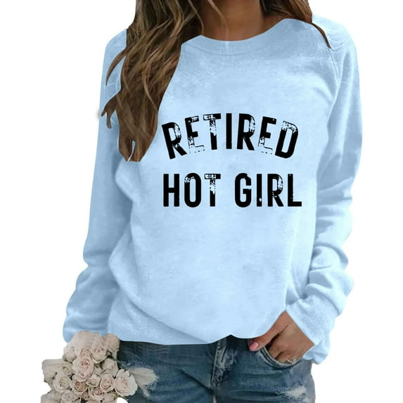 UJNDER Women's Fashion Letter Print Crewneck Sweatshirt Solid Color Loose Long Sleeve Casual Light Blue M