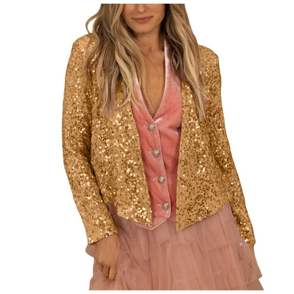 UJNDER Women's Fashion Solid Sequined Short Casual Coat Cardigan Top for Party Fall Outfits and Glamour Gold XXXL