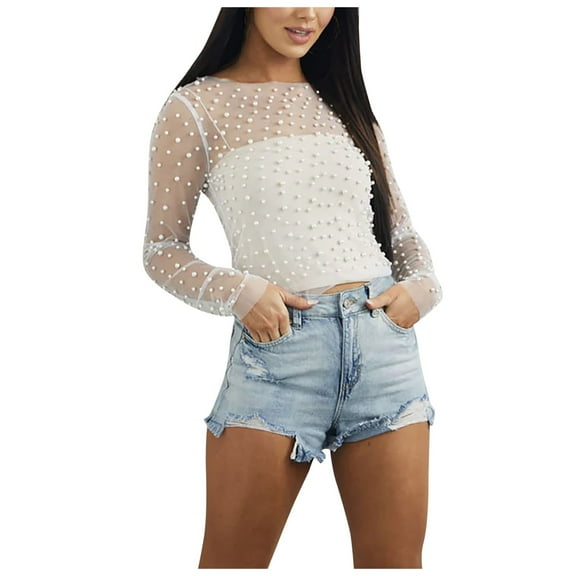 UJNDER Women's Fashionable Bead Mesh Round Neck Long Sleeve Tops for Women Unique Texture for Parties White M
