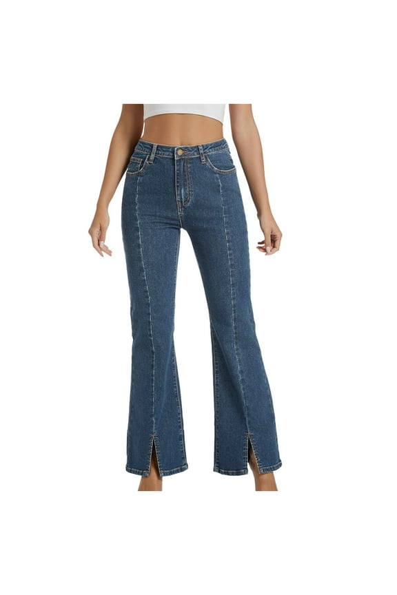 Women's Flare Jeans with Bottom High Waisted Stretchy Wide Leg Bootcut and Split Hem for Casual Wear Dark Blue S