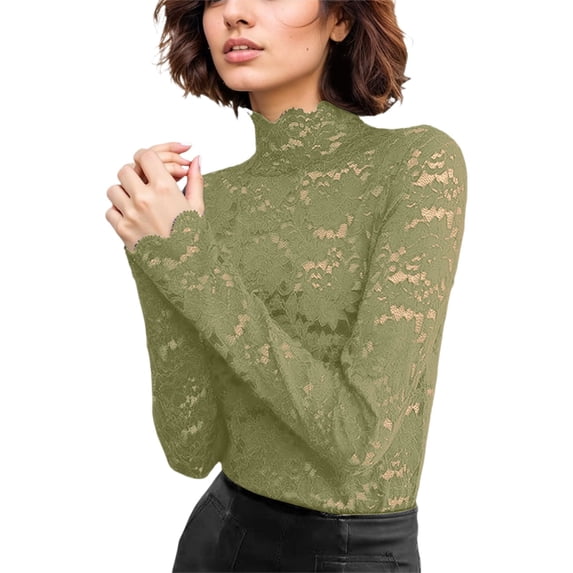 UJNDER Women's Floral Lace Top Long Sleeve Mesh Underwear Blouse Shirt Tops for Women Casual Green L