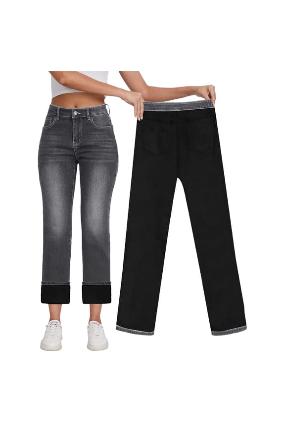 Women's High Waist Straight Leg Lined Jeans for Winter with Thick Warm Insulation and Comfortable Fit Blue XL