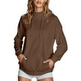 thumbnail image 1 of UJNDER Women's Hooded Sweatshirt 2025 Solid Color High Collar Side Pocket Pullover Long Sleeve Casual Coffee S, 1 of 9
