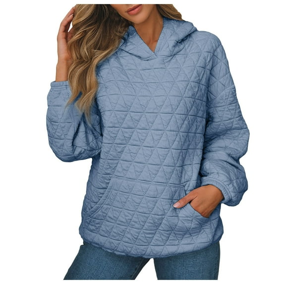 UJNDER Women's Hooded Sweatshirt Solid Color Quilted Pocket Pullover Long Sleeve Casual Fall Blue M