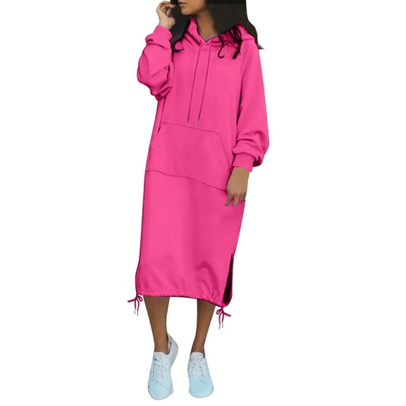 UJNDER Women's Hoodie Dress Long Sleeve Pullover Drawstring Split Hem Pocket Casual Fall Hot Pink L