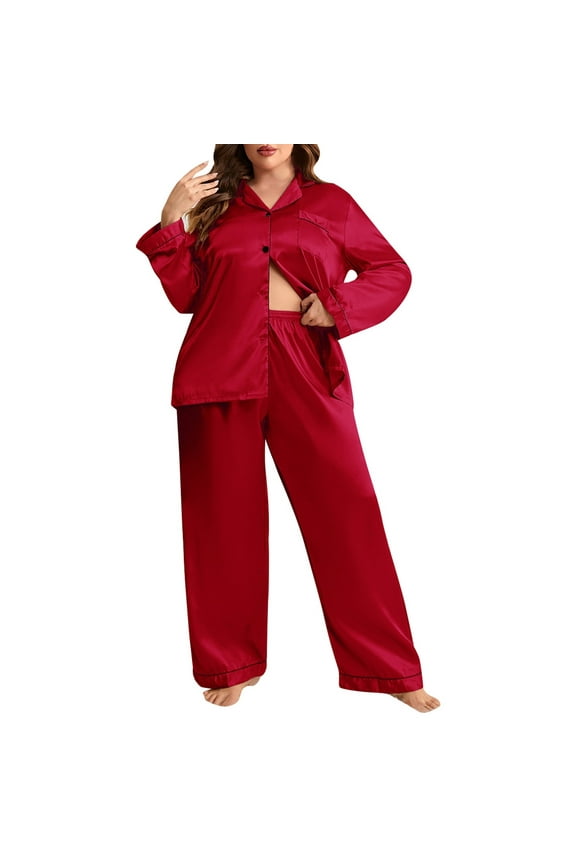 Women's Ice Silk Long Sleeve Trousers Cardigan Imitation Silk Plus Size Home Suit for Women Red XXL