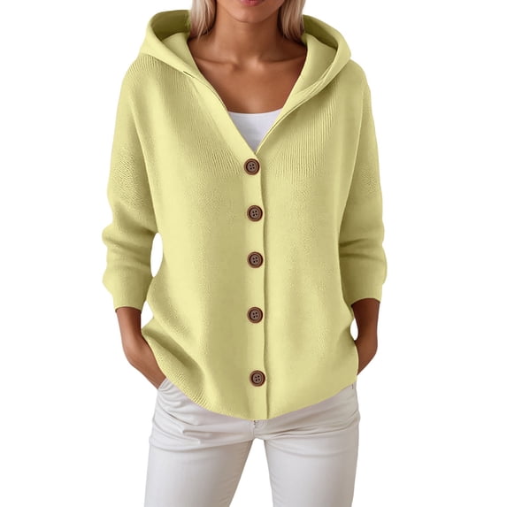 UJNDER Women's Knitted Hooded Cardigan Coat with Buttons for Casual Autumn and Winter Outfits and Fashion Yellow XL