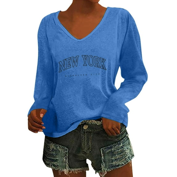 UJNDER Women's Letter Print Loose Long Sleeve V Neck T Shirts for Women Casual Comfortable Top Blue XL